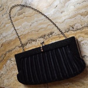 Pleated satin evening bag with 9” hang strap chain